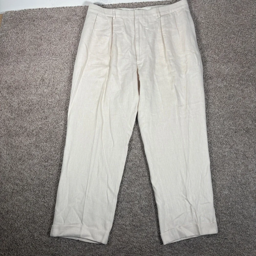 Polo Ralph Lauren Mens Cream Linen Cotton Pleated Cuffed Trousers 38x32